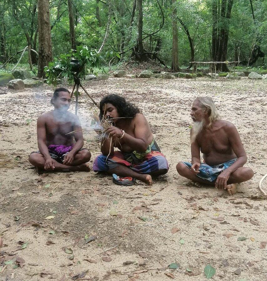 Three Vedda men start a fire using traditional methods near Dambana, Sri Lanka